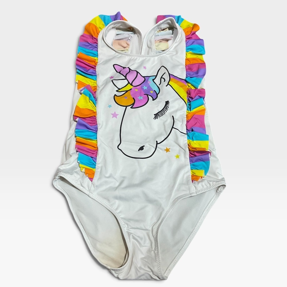 MC2 Saint Barth Swimsuit Kids Size 6 White Good Unicorn Rainbow Ruffle Bow